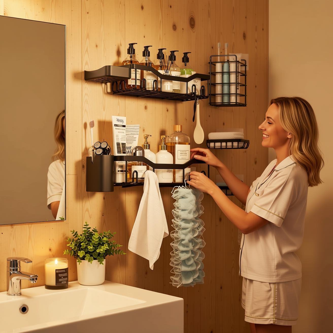 no-drill bathroom organizer - NESOMI 7 Pack Shower Caddy with 24 Hooks for shared rental bathrooms