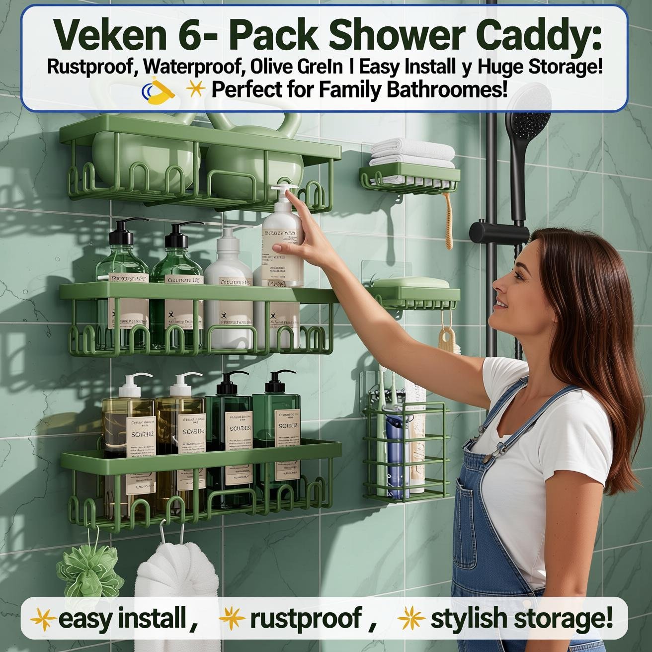 no-drill bathroom organizer Veken 6-Pack Shower Caddy - Waterproof Olive Green Storage for Stylish Rental Bathrooms