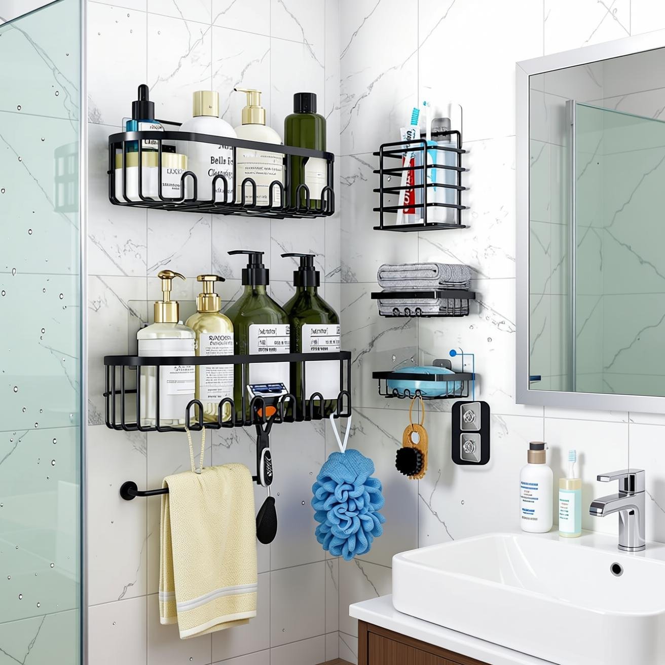 no-drill bathroom organizer - GearFusion 5 Pack for tiny showers