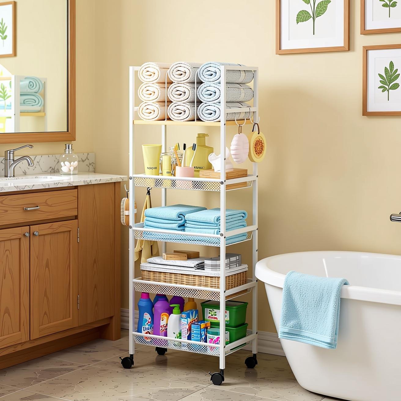 5-Tier Bathroom Storage Shelf, Mobile Metal Free Standing...