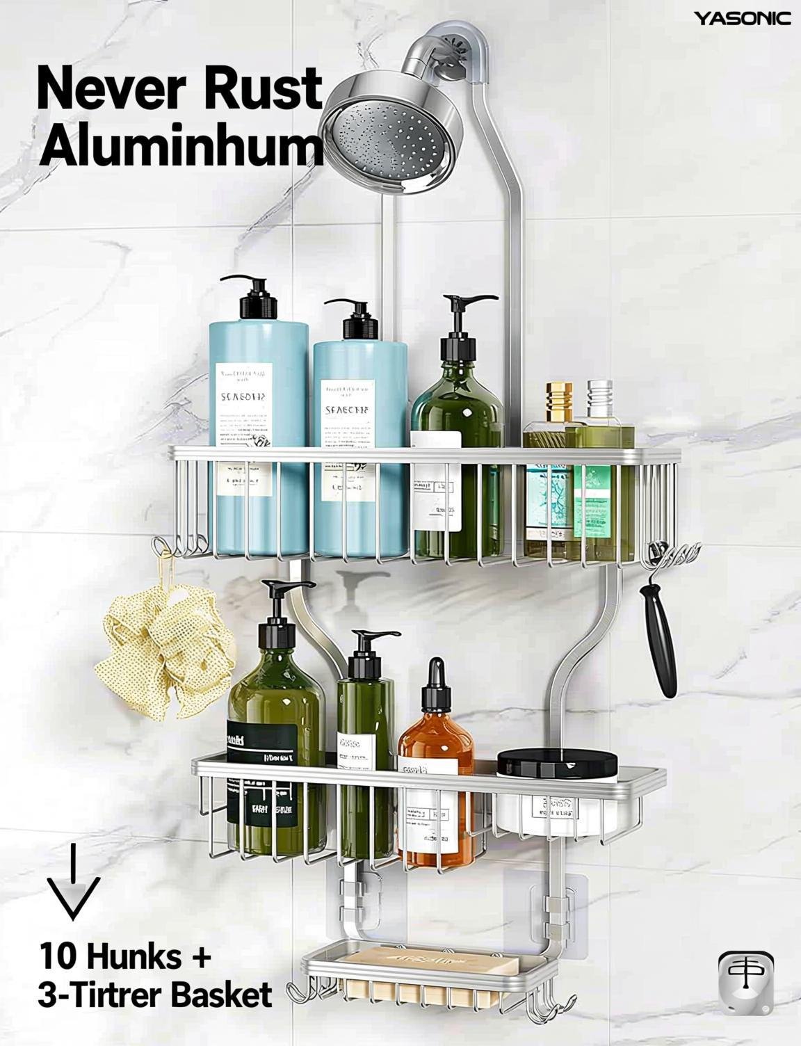 no-drill bathroom organizer YASONIC Shower Caddy Hanging - Never Rust Shower Organizer - Hanging Shower Head Storage