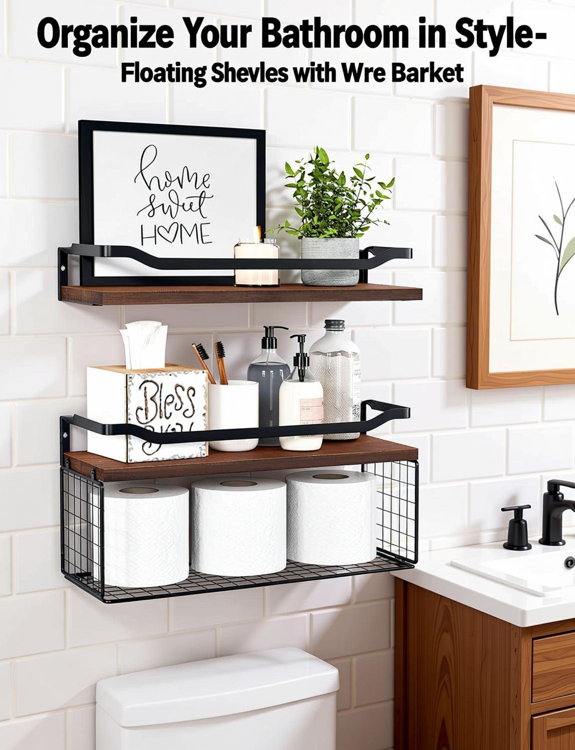 no-drill bathroom organizer - WOPITUES Floating Shelves with Storage Basket for over-toilet rental storage