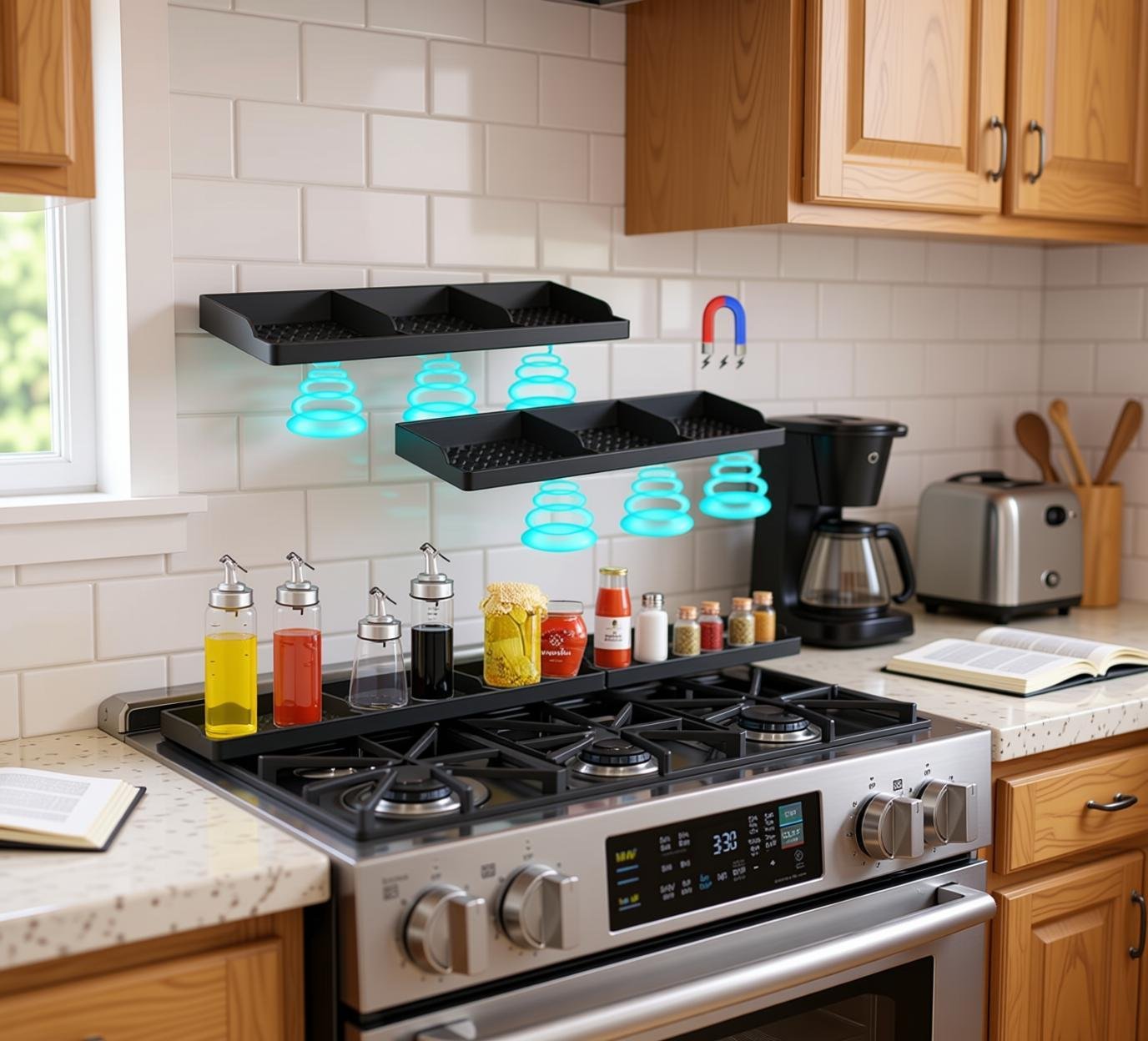 no-drill kitchen gap organizer Hydream Magnetic Stove Top Shelf – renter-friendly cooking storage