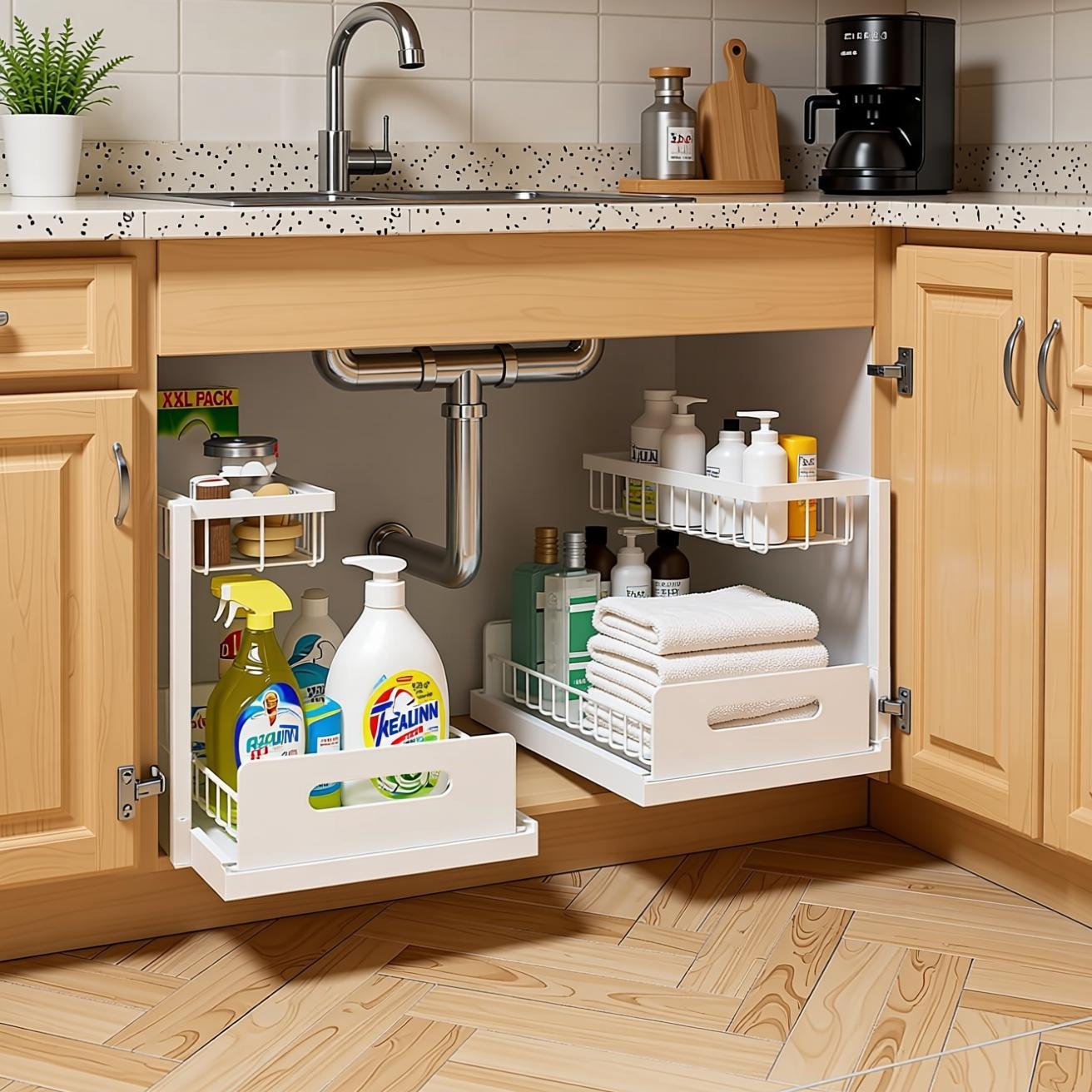 no-drill kitchen gap organizer REALINN Under Sink Organizer – renter-friendly pipe storage