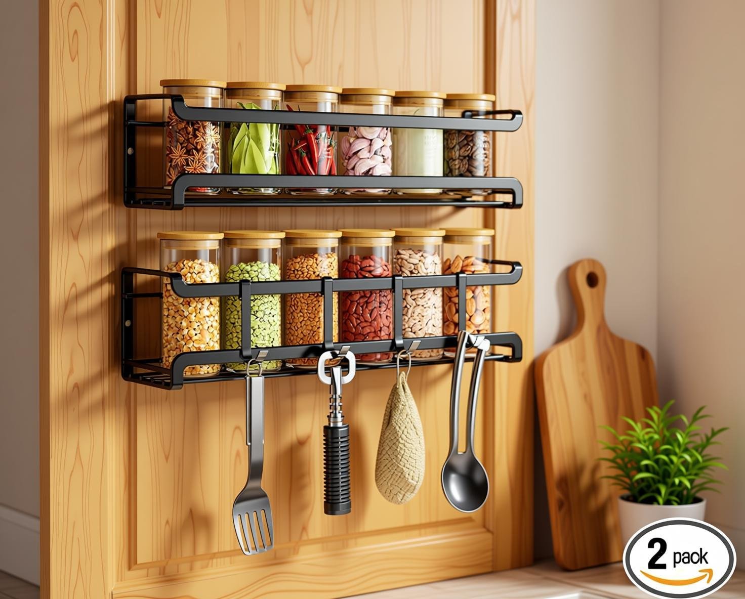 no-drill kitchen gap organizer - Bunoxea 2 Pack Wall Mounted Spice Rack for renters