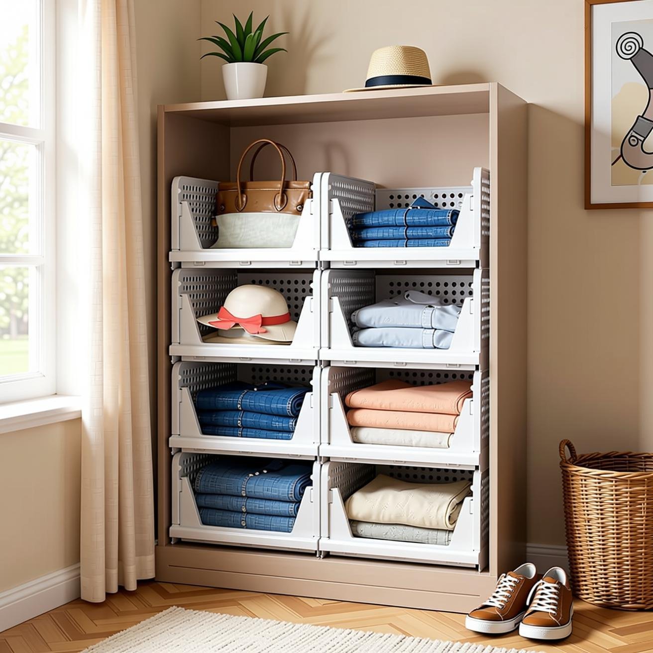 space-saving small wardrobe storage Stackable Closet Storage Basket