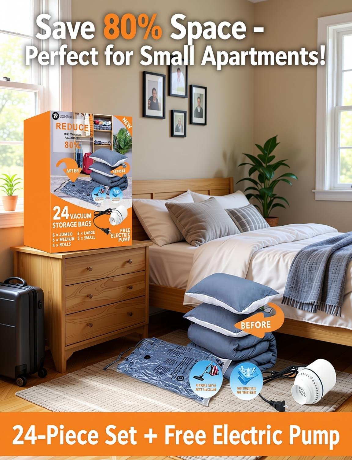 GONGSHI 24 Pack Vacuum Storage Bags with Electric Pump - no-drill wardrobe organizer