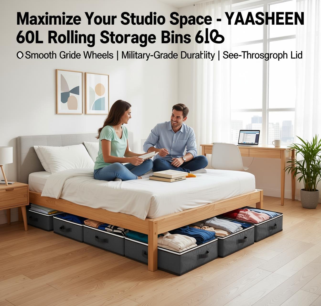 no-drill under bed storage under sofa storage YAASHEEN Under Bed Storage with Clear Lids 2-Pack - visible book toy organizer