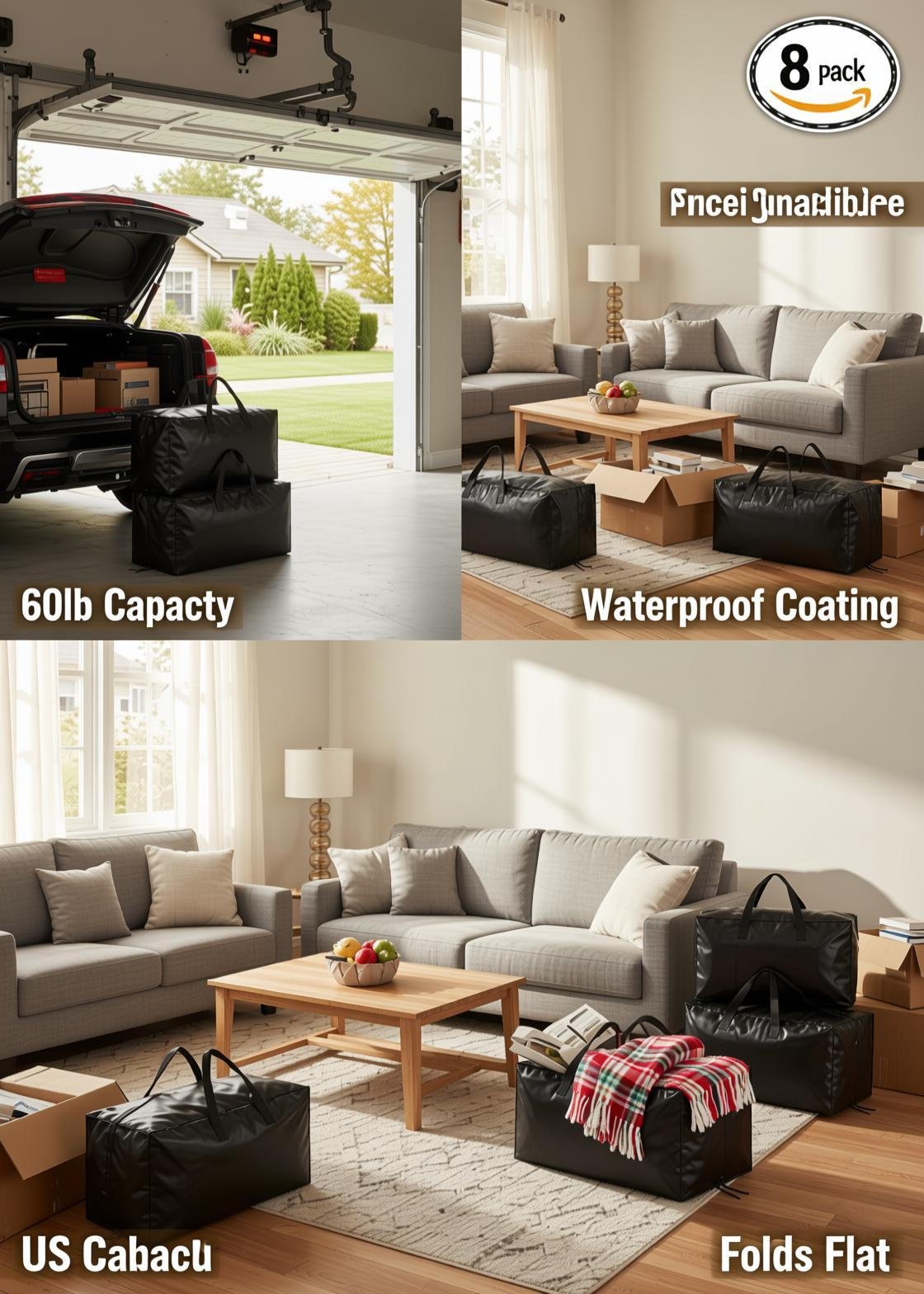 Heavy Duty Moving Bags 8 Pack, Large Storage Totes Bins...