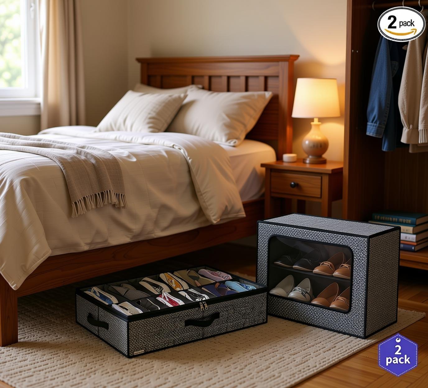 Sturdy Under Bed Shoe Storage Organizer, Set of 2, Fit 12...