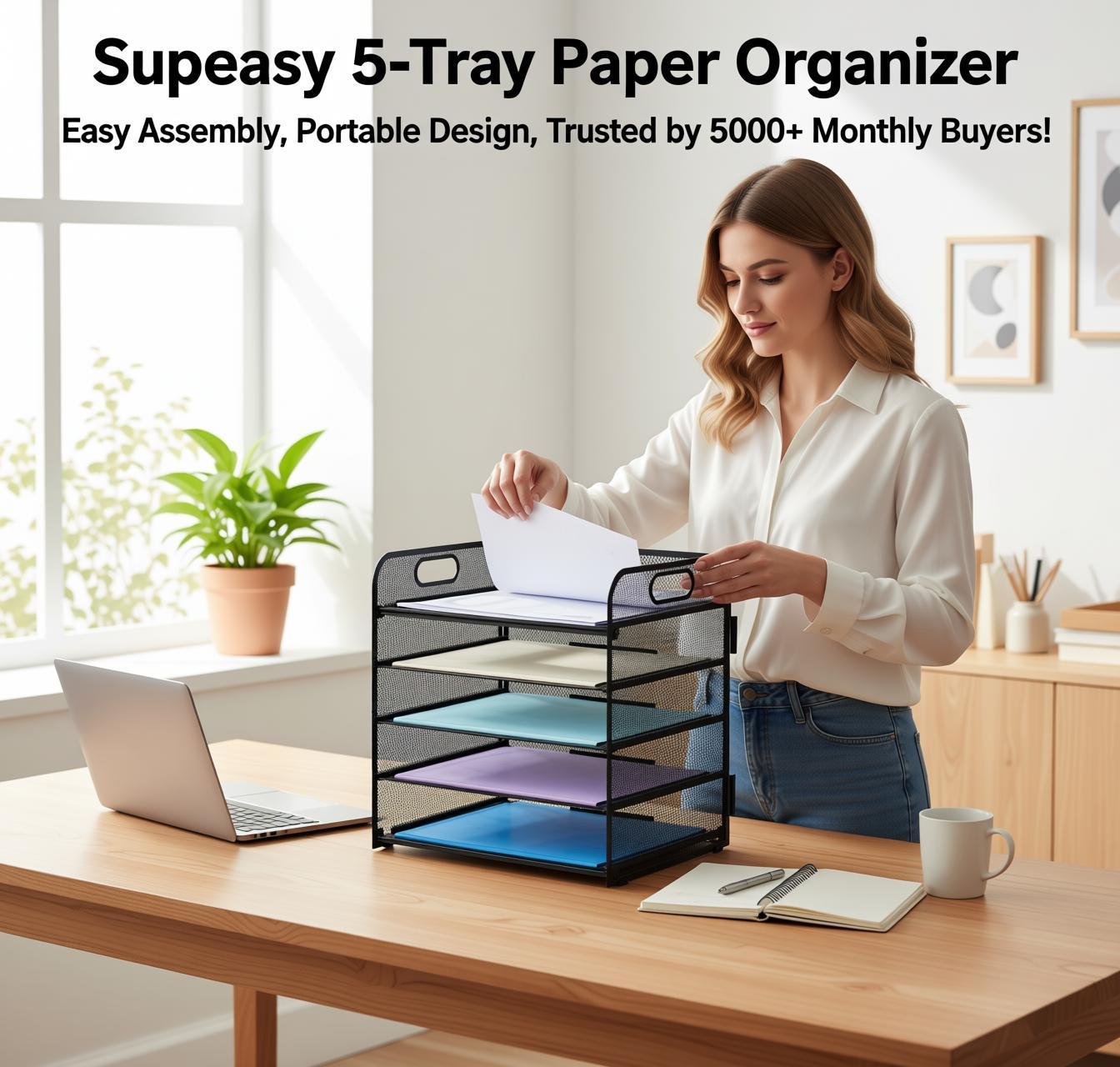 no-drill desktop organizer Supeasy 5 Trays Paper Organizer with Handle